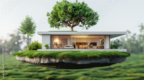 Living room near big tree on tiny earth land with green grass in real estate sale or property investment concept. Isometric low poly part of house 3d rendering. ai generated
