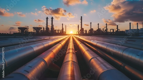 Industrial Sunrise at a Refinery with Steel Pipelines. Oil and Gas Industry Infrastructure. Modern Engineering and Energy Production. Serene Sky with Vibrant Colors. AI photo