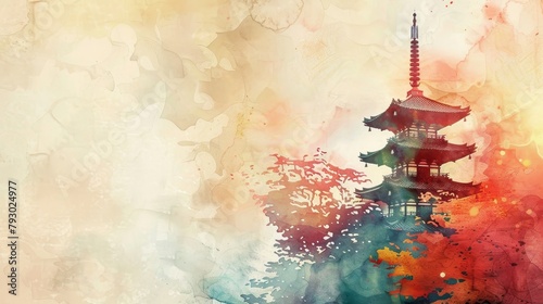 A pagoda in watercolor style on an light abstract paint background