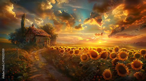 Sunset Embrace
A wooden house nestles amid a sea of sunflowers basking in the golden light of a setting sun, creating a path that beckons one into the warmth of a rural idyll. photo