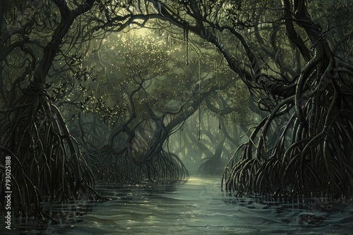 Dense mangrove forest with twisted roots plunging into murky waters. photo