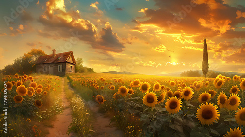 Sunset Embrace
A wooden house nestles amid a sea of sunflowers basking in the golden light of a setting sun, creating a path that beckons one into the warmth of a rural idyll. photo