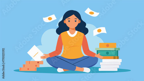 A woman sits in front of a pile of bills but instead of feeling overwhelmed she is grateful for the discipline and sacrifice that has led her