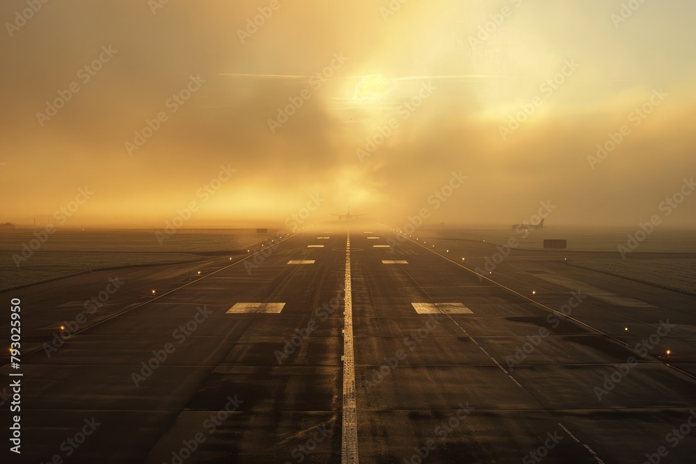 Dawn breaking over an airport runway shrouded in mist.