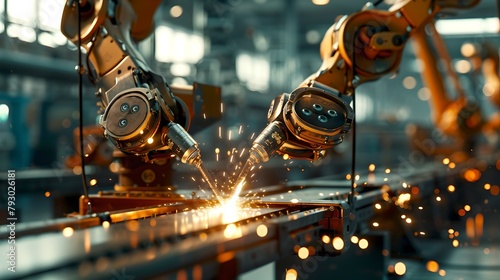 Robotic arms engaged in precision welding in industrial setting. Manufacturing automation, modern factory equipment. Futuristic technology in action. AI photo