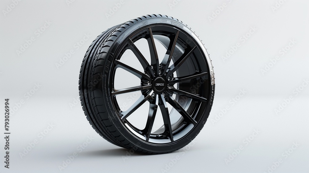 Obraz premium Against a plain white background a car wheel is expertly captured in high resolution