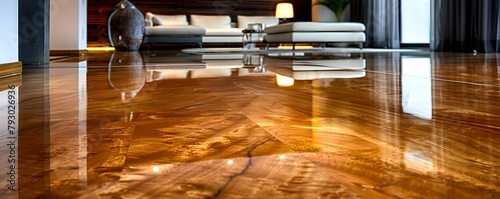 Sleek Living Area with Reflective Wooden Flooring