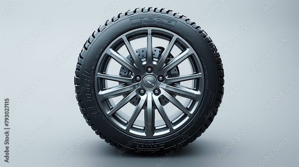 In a minimalist composition a car wheel takes center stage against a white background In a minimalist composition a car wheel takes center stage against a white background