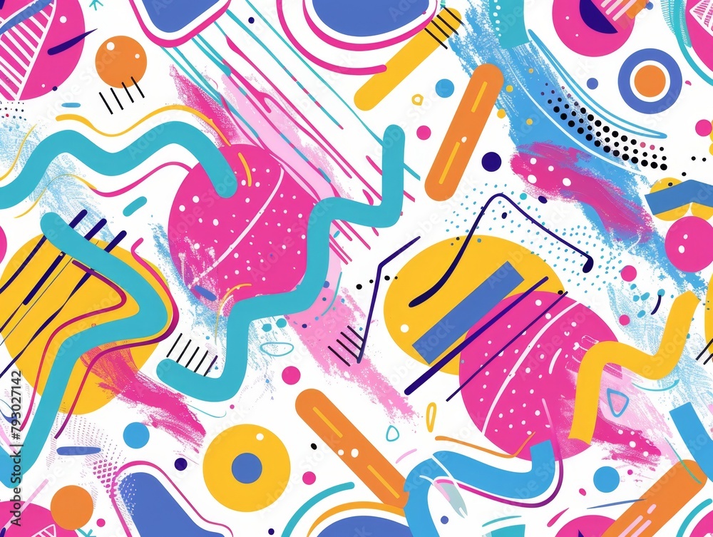 Fototapeta premium pattern with colorful shapes and lines in a retro style with pastel colors and bright colors on a white background Generative AI