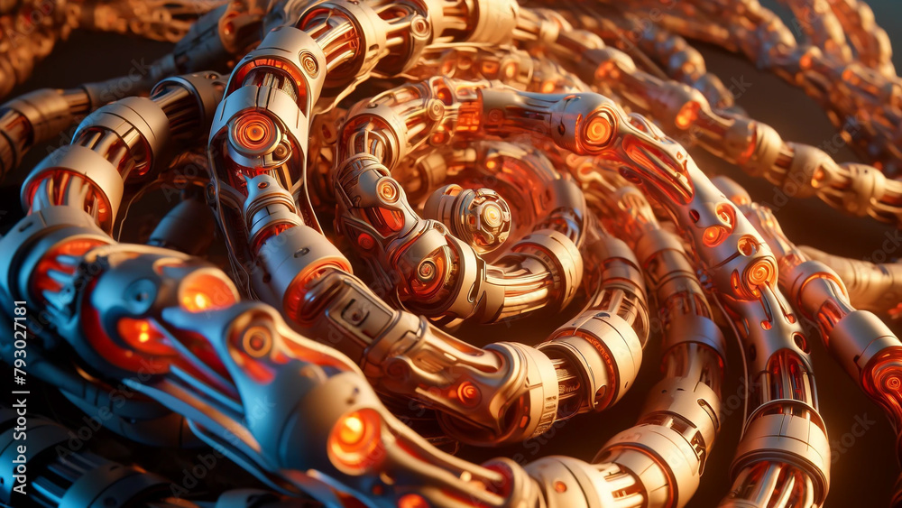 A chain of metal links with glowing orange lights. The chain is twisted and bent, giving it a futuristic and mechanical appearance.