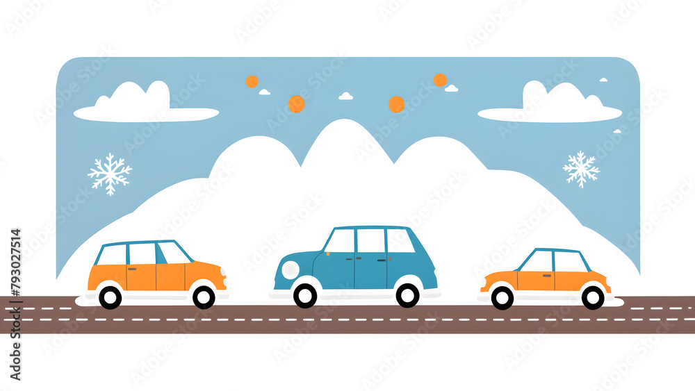 children vector illustration of cars driving on the road with snow covered mountains