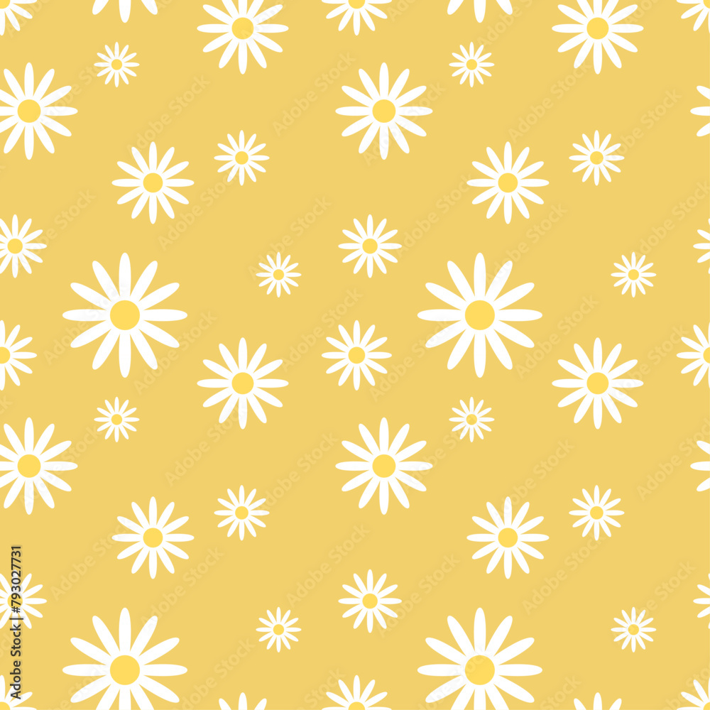 Daisy flower seamless on editable background illustration. Pretty floral pattern for print. Flat design vector. Spring and summer seamless. Flowers seamless design. Cute floral print.