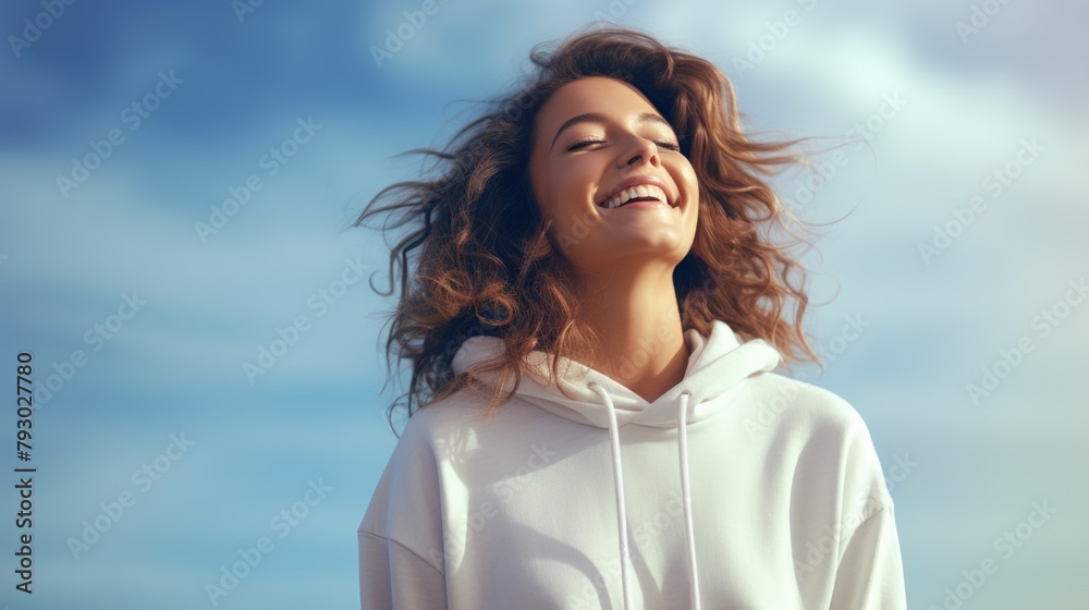 Radiant Young Woman Enjoying Sunshine in Casual Hoodie Radiant Young Woman Enjoying Sunshine in Casual Hoodie