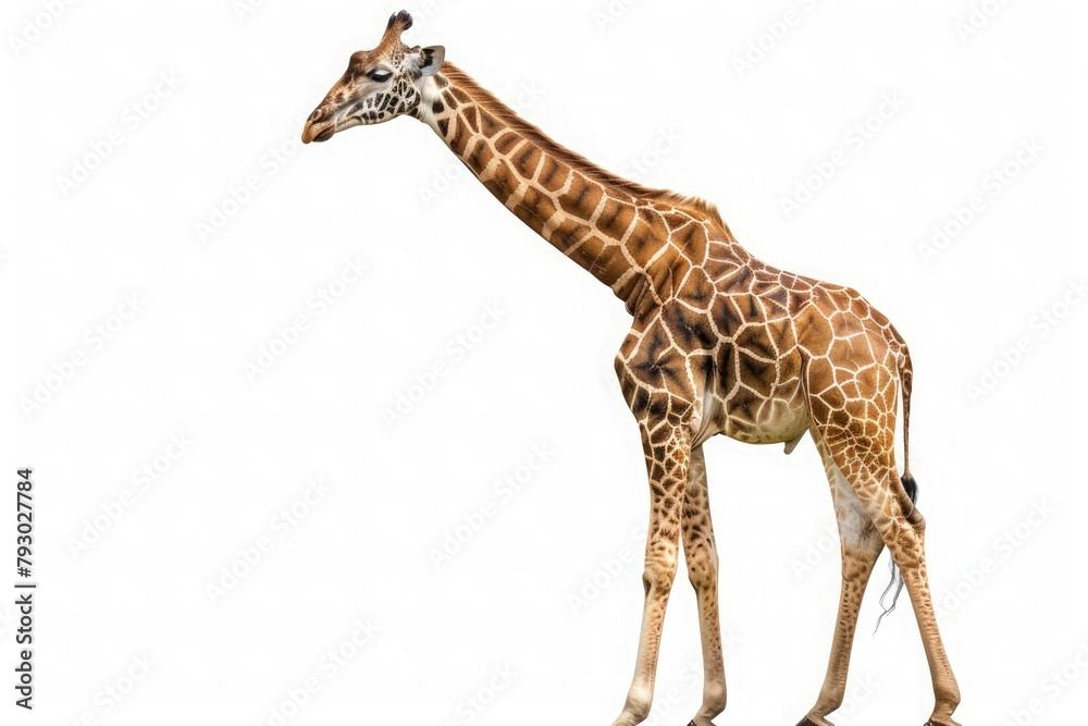 Obraz premium Awe-inspiring sight of a towering giraffe, its long neck reaching for the leaves of the tallest trees, isolated on pure white background.
