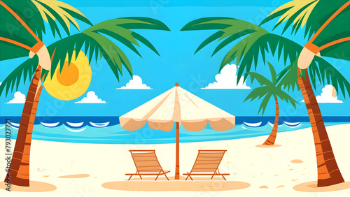 design illustration of a beach with palm trees at sunset
