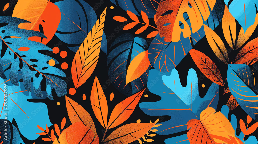 A flat illustration featuring vibrant orange and blue leaves on a black background. A flat illustration featuring vibrant orange and blue leaves on a black background.