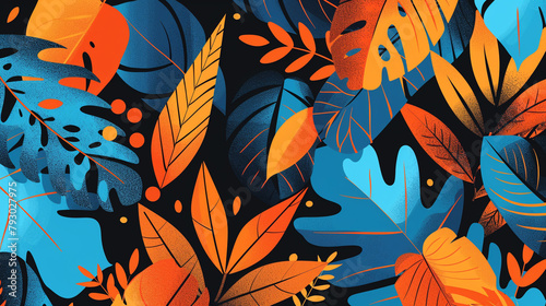 A flat illustration featuring vibrant orange and blue leaves on a black background. © Aisyaqilumar