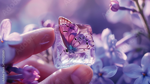 Frozen Moment
Delicate hands cradle a translucent ice cube encapsulating a butterfly, symbolizing beauty preserved in time, against a dreamy backdrop of lilac blooms and soft, ethereal light. photo