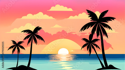 vector island landscape at sunset with palm trees and tropical vegetation