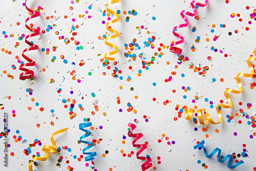 a white background with colorful and minimalistic confetti and serpentine