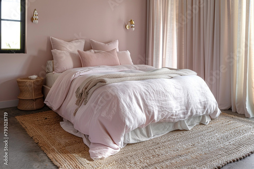 A serene powder pink bedroom with a natural fiber rug and a comfortable, oversized bed.