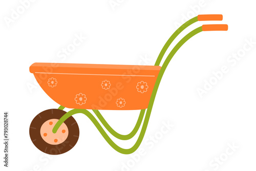 An empty garden wheelbarrow.
