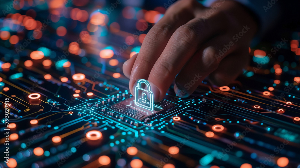 Businessman touch a circuit board to ensure secure transactions on the global network, privacy concerns, and the integrity of data protection. Cybersecurity, digital assets, encryption technologies
Businessman touch a circuit board to ensure secure transactions on the global network, privacy concerns, and the integrity of data protection. Cybersecurity, digital assets, encryption technologies