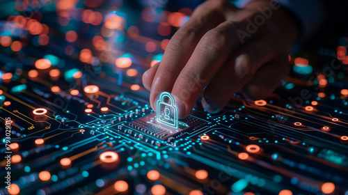 
Businessman touch a circuit board to ensure secure transactions on the global network, privacy concerns, and the integrity of data protection. Cybersecurity, digital assets, encryption technologies