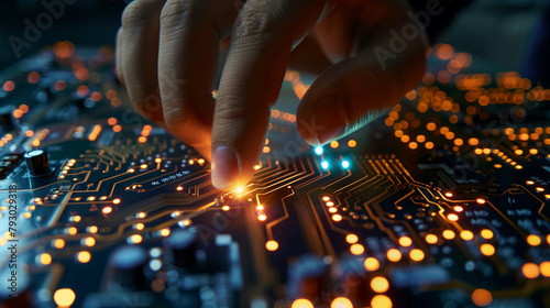  Businessman touch a circuit board to ensure secure transactions on the global network, privacy concerns, and the integrity of data protection. Cybersecurity, digital assets, encryption technologies