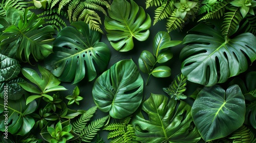 Vibrant Tropical Foliage with Ferns and Monstera Deliciosa Generative AI