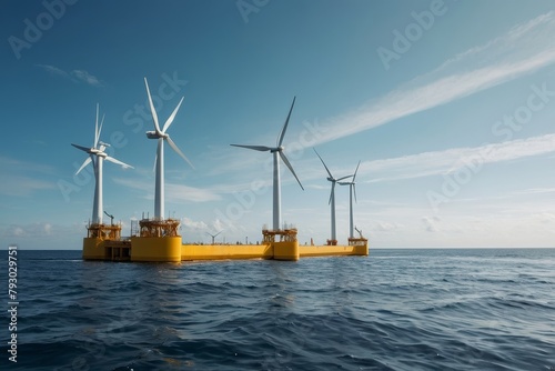 Sea Wind Turbines Harnessing Energy Under Blue Sky photo