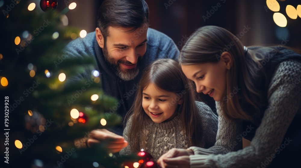 Joyful Family Decorating Christmas Tree Together at Home