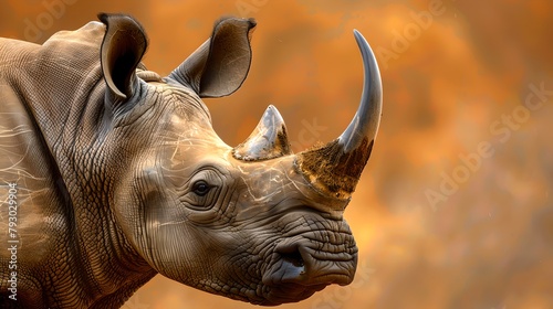 Majestic Rhino Portrait Against Warm Sunset Backdrop  Wildlife Photography Style Captures Serene Animal in Natural Habitat. AI