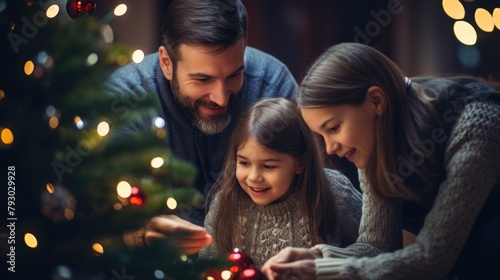 Joyful Family Decorating Christmas Tree Together at Home