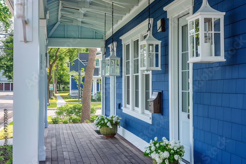 Bright cobalt blue Cape Cod style vacation home with a front porch adorned with white hanging lanterns, on a peaceful suburban street.