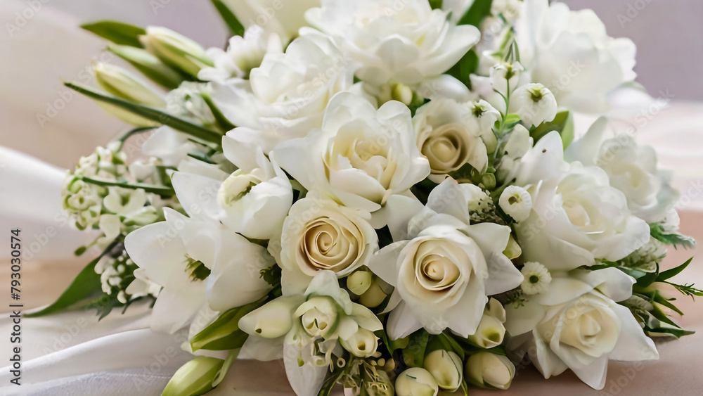 White rose flower bouquet in bundle shape for bridal in wedding ceremony
White rose flower bouquet in bundle shape for bridal in wedding ceremony