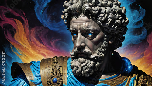 Marcus aurelius statue of stoicism roman emperor with flowing colorful chakra energy backdrop