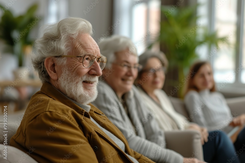 Portrait of happy senior man in eyeglasses looking at camera while sitting with family on sofa at home Portrait of happy senior man in eyeglasses looking at camera while sitting with family on sofa at home