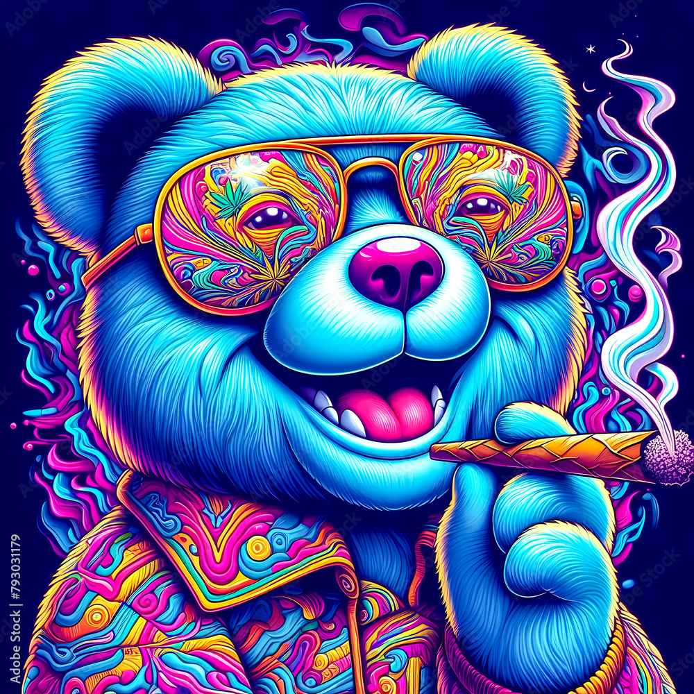Digital art of a psychedelic cool teddy bear smiling smoking a blunt