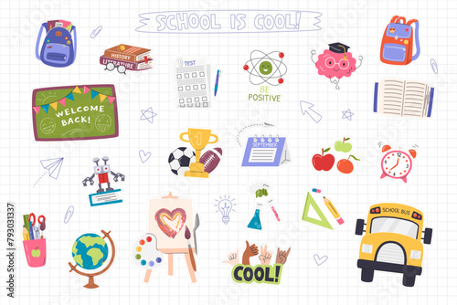 School supplies and education related elements. Children's stationery sticker set. Lettering and doodle drawings isolated on paper effect background. Back to school hand drawn flat vector illustration