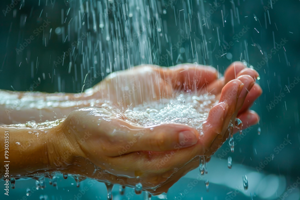 Fototapeta premium Catching Raindrops in Hands with Splashing Water