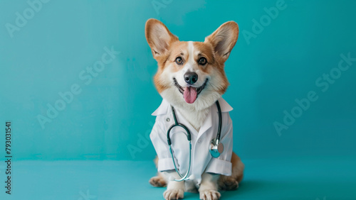A cute Welsh Corgi in a doctor costume with a stethoscope 