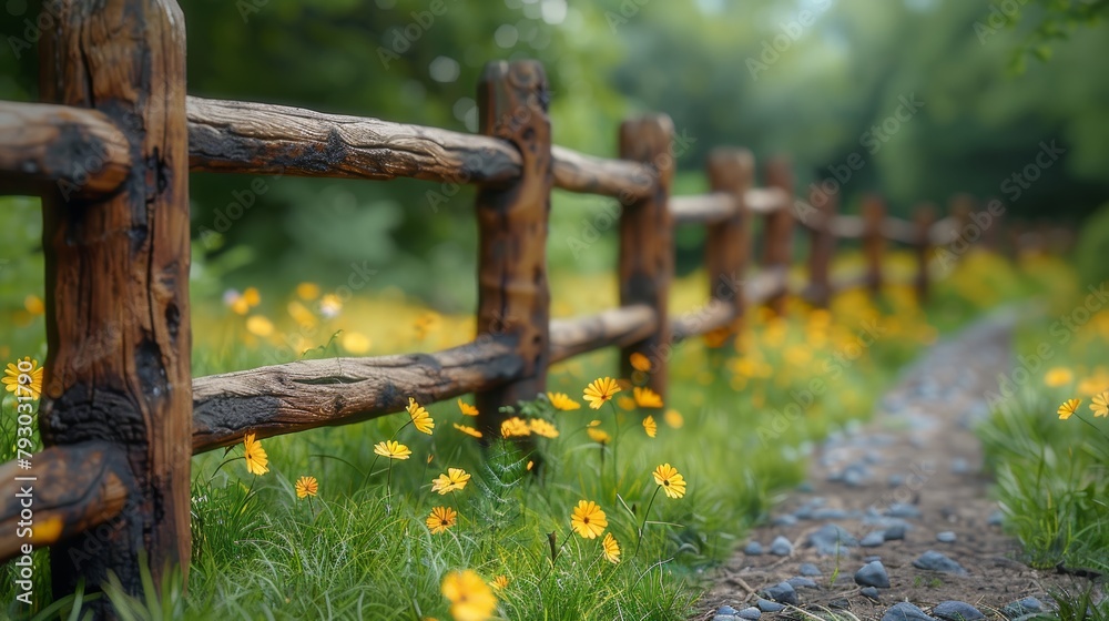Rustic Wooden Fence in Countryside Landscape Generative AI - obrazy, fototapety, plakaty 
