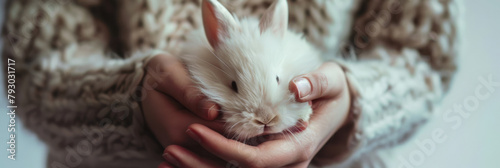 Tender Care of a White Fluffy Rabbit in Warm Human Hands