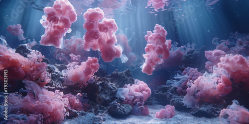 Undersea Wonderland: Pink Jellyfish Drifting in Ocean Depths © Lidok_L