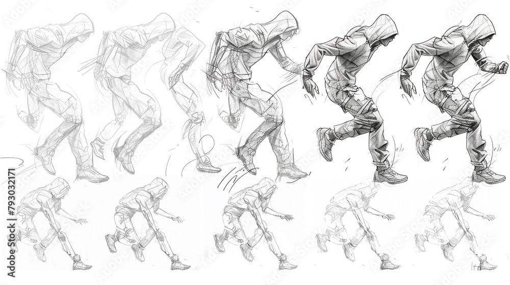 Character Design Sheet: Human Anatomy in Action, Pencil Sketch