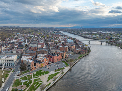 Late afternoon spring aerial view of downtown Troy, NY located on the Hudson River. © Thomas