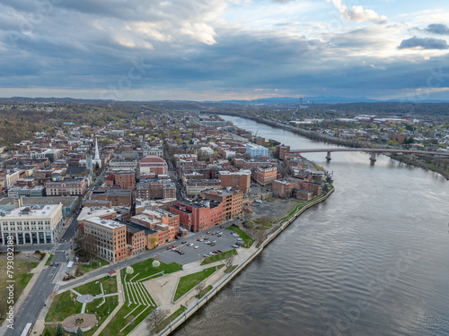 Late afternoon spring aerial view of downtown Troy, NY located on the Hudson River.