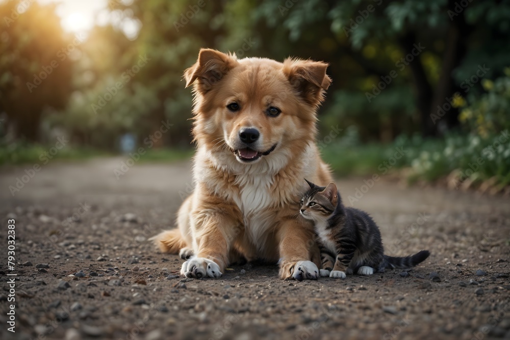 Sunlit Companions: Cheerful Dog and Kitten Share a Peaceful Moment Sunlit Companions: Cheerful Dog and Kitten Share a Peaceful Moment