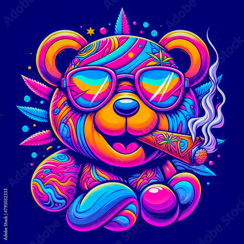 Digital art of a psychedelic cool teddy bear smiling smoking a blunt